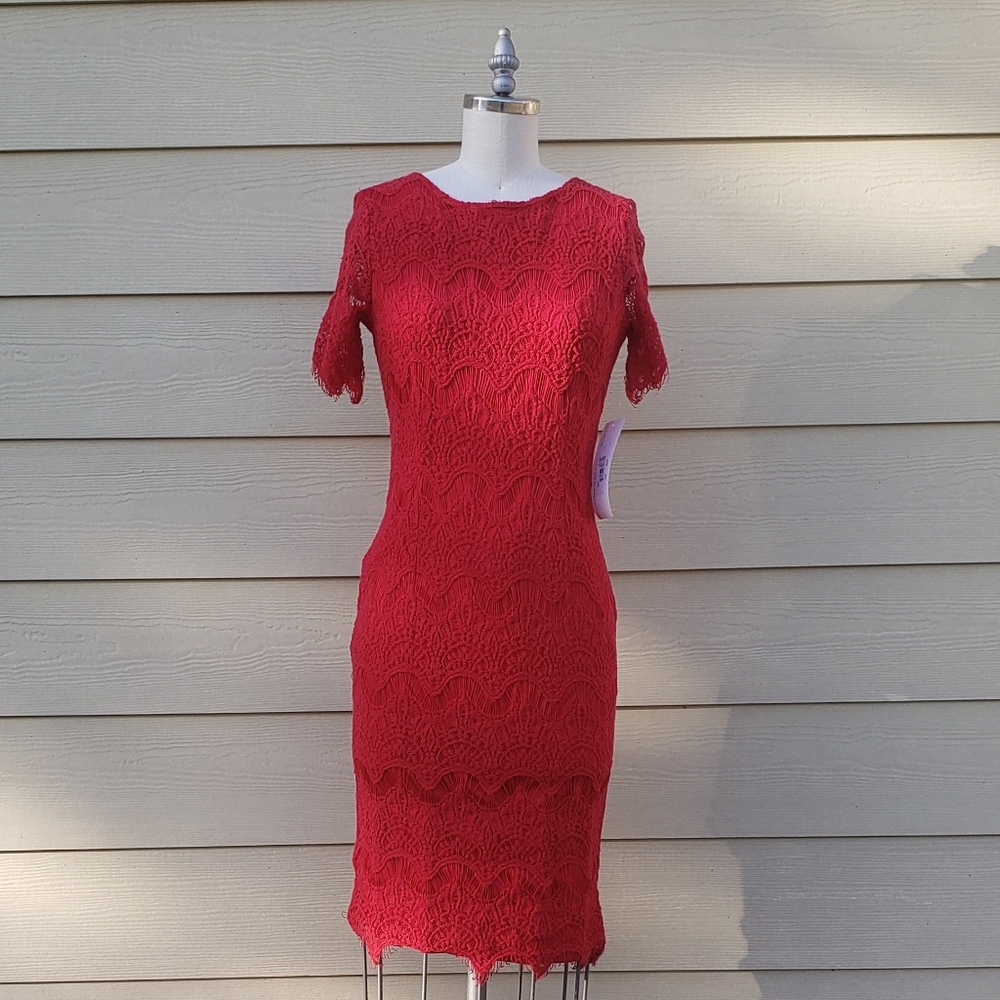 NEW Jody California  Sheath Made in USA Red Lace Dress